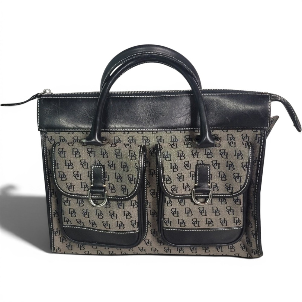 Dooney & Bourke Signature Monogram Canvas Satchel Bag Black Grey Leather Trim